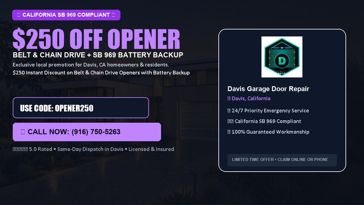 $250 OFF Smart Garage Door Opener Installation (Belt & Chain Drive with California SB 969 Battery Backup) in Davis, CA